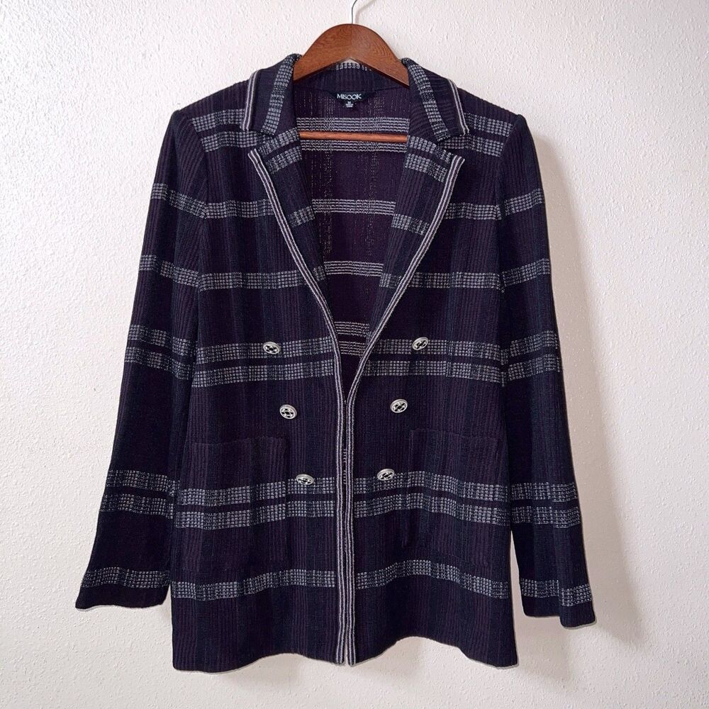 Misook Knit Jacket Women’s Medium With Pockets Black Purple Stripe Cardigan